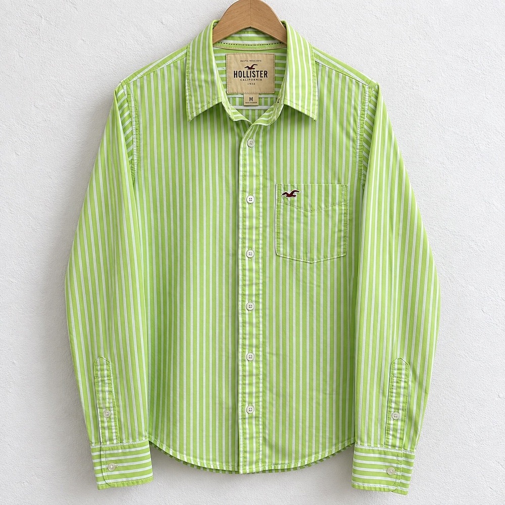 Vintage Y2K Hollister Mens Medium Green Striped Button Down Shirt Preppy Logo